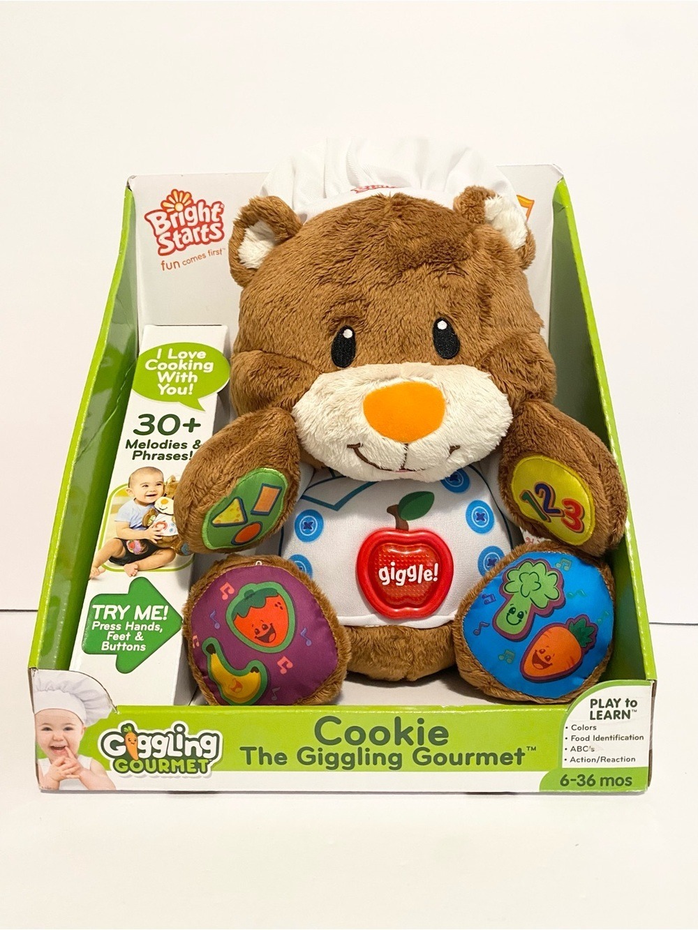 Bright Starts Cookie the Giggling Gourmet Interactive Teddy Bear Plush 2014 New